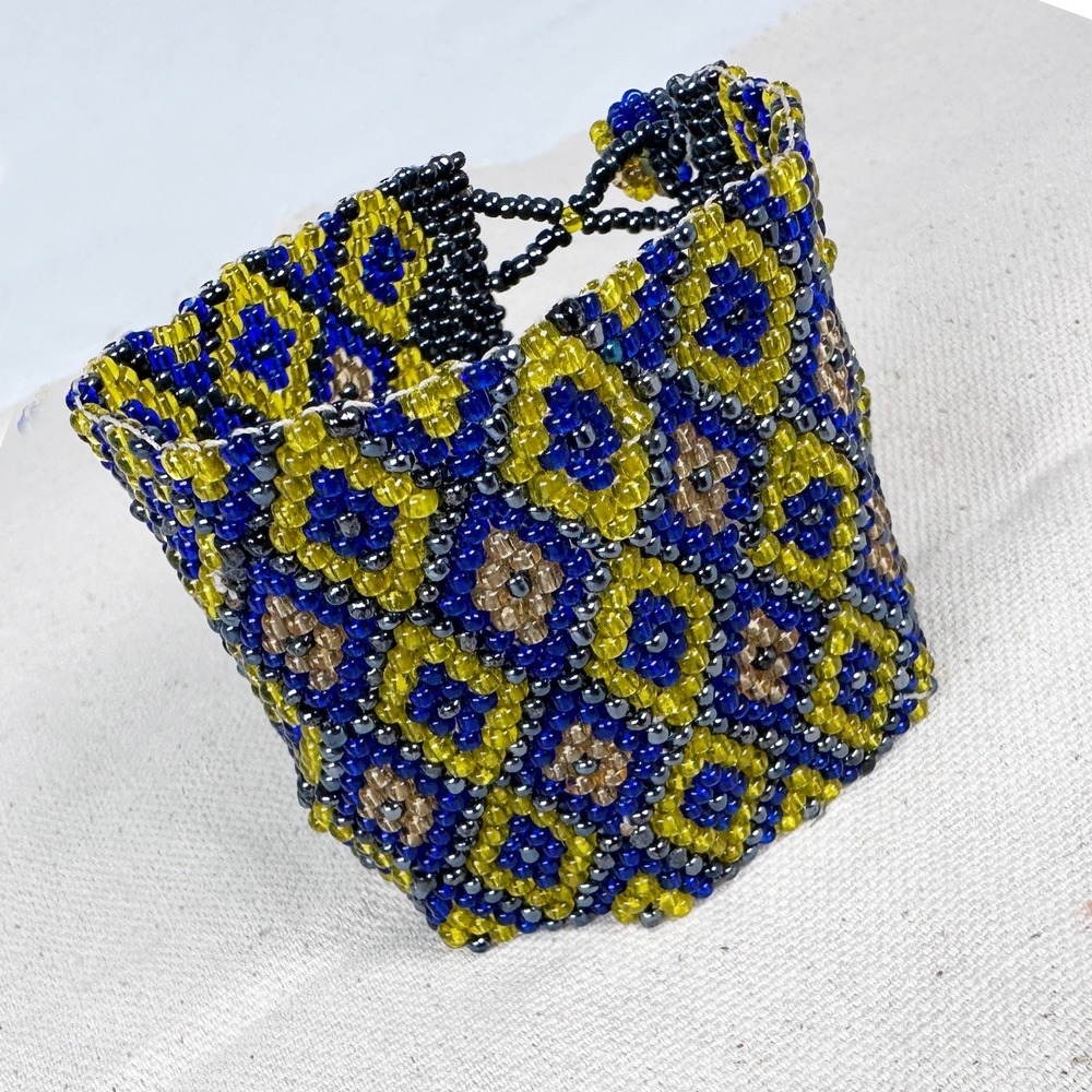Wide Southwestern Seed Bead Cuff Bracelet Blue Yellow Black Brown Handmade 7.25"
